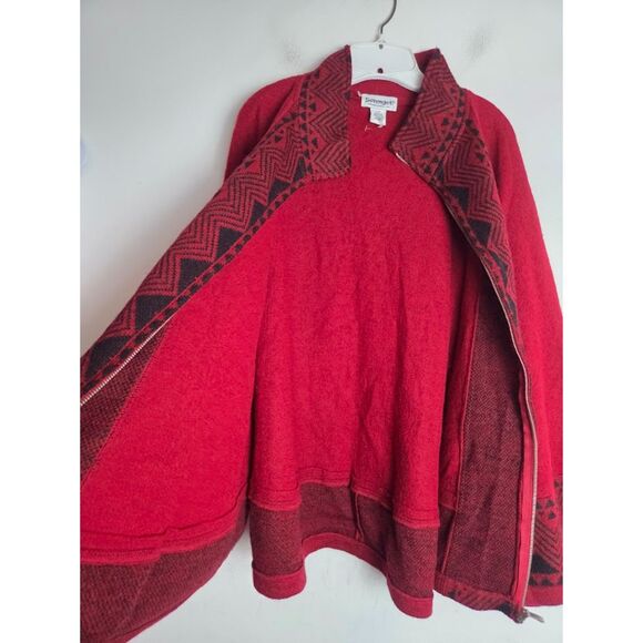 Serengeti Red w/Black Fair Isle Print 100% Wool Full Zip Cape Sweater size XL - Picture 7 of 10